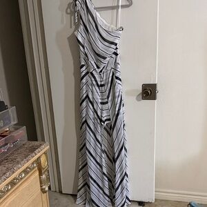 New York & Company Black and White Striped One-Shoulder Jumpsuit